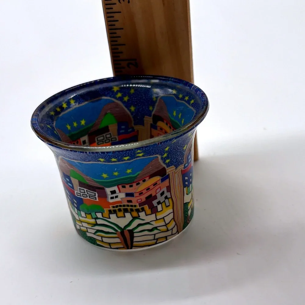 Hellmann Versand Leuchtglas Hand Painted Glass Votive Candle Holder Village Sky